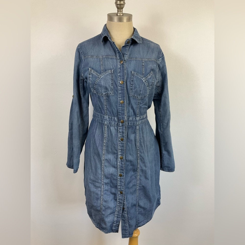 Denim Button-Front Midi Shirt Dress - Blue